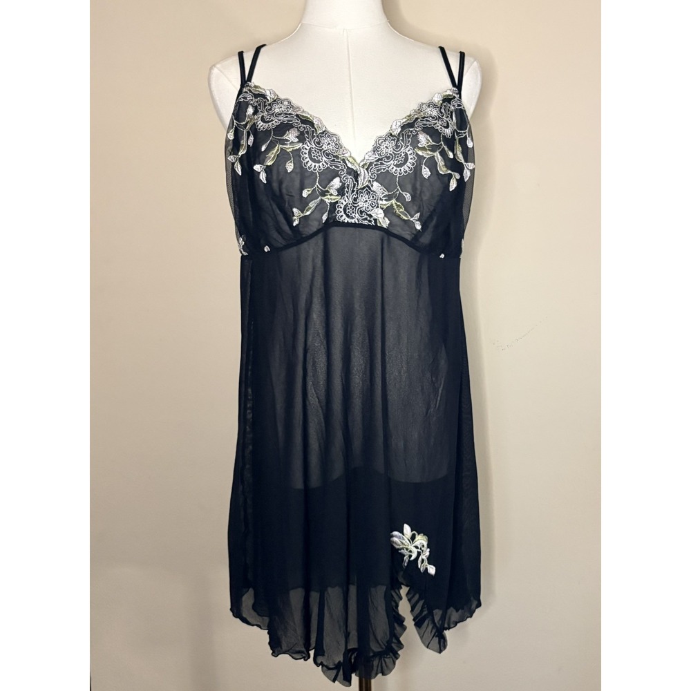 Cacique Lace Babydoll Sheer Lingerie Dress Black Sz 18 20 Floral Embroidered
